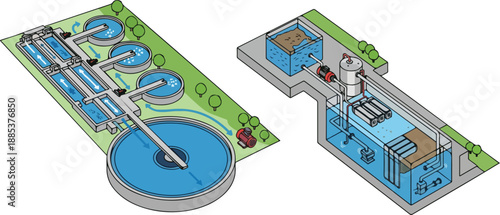 Industrial water treatment process illustration showing machinery and pipes in a factory setting from an aerial viewpoint via RJ Whisk Auto