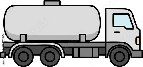 Minimalist gray tanker truck side view line drawing simple flat cartoon vector icon isolated white background