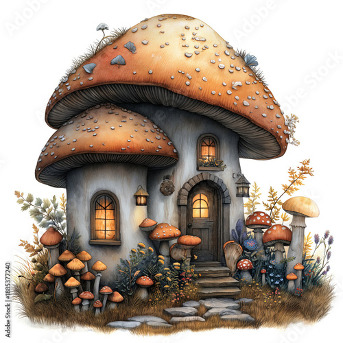Watercolor illustration of a cozy fairy mushroom house with glowing windows, surrounded by forest plants and small toadstools. Whimsical fantasy cottage isolated on white background