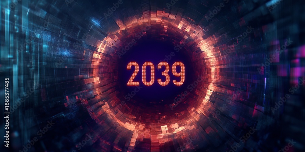 Obraz premium Futuristic and Luminous 2039 Celebration Conceptual Illustration for Vibrant Space-Themed Wallpaper