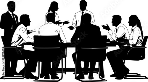 Business people having meeting or conference. Coworkers sitting at the table silhouette vector illustration