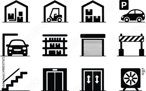 A clean assortment of twelve black icons depicting various aspects of industrial warehousing, vehicle parking, and building services