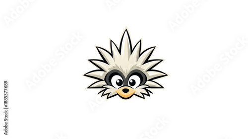 A cartoon head with spiky hair, raccoon-like markings around eyes, and a small, pointed snout