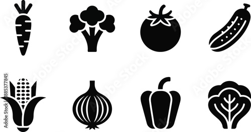 A clear visual display of assorted vegetable silhouettes in black on a pristine white backdrop