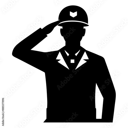 Respectful soldier silhouette in black vector, saluting smartly, symbolizing military service, patriotism, and honor against a white background.