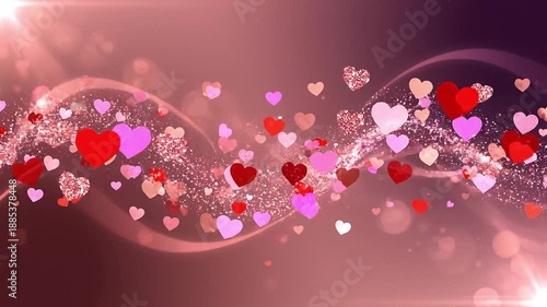 Vibrant 4k video of pink and red hearts floating in a glittery atmosphere with love and romance themes