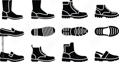 A collection of black and white icons displays different types of footwear and shoe sole patterns