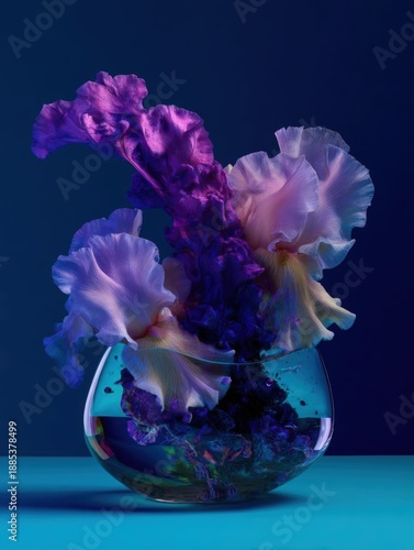 Photograph of a glass vase with three irises in it. the vase is round and transparent, with a blue base and a clear glass top.