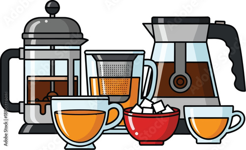 Coffee preparation scene with French press and cups on a table from a high viewpoint