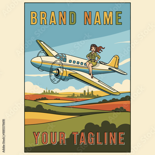 Woman Sitting on Vintage Airplane Illustration.