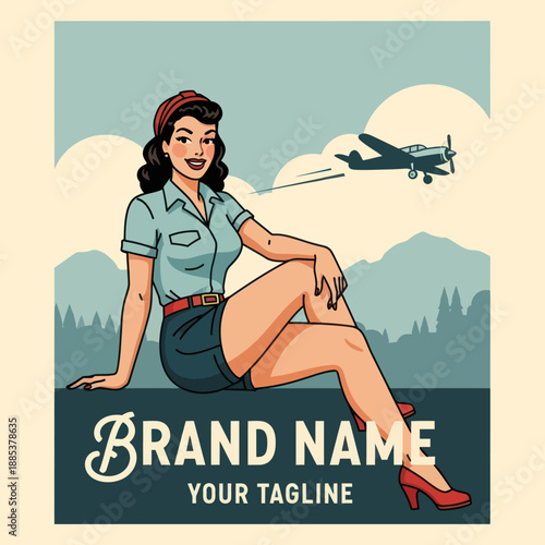 Pinup Girl Sitting with Airplane in Background.