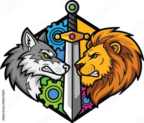 Wolf and lion emblem design featuring interlocking gears and sword vector illustration