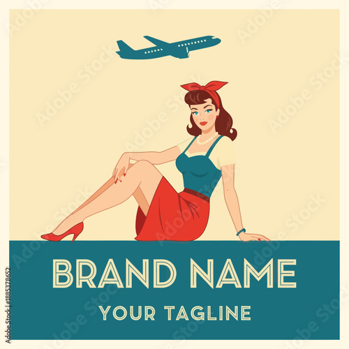 Retro Pinup Girl Sitting with Airplane Above.