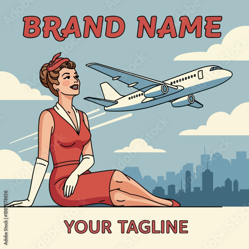 Woman in Red Dress Sitting and Watching Plane.