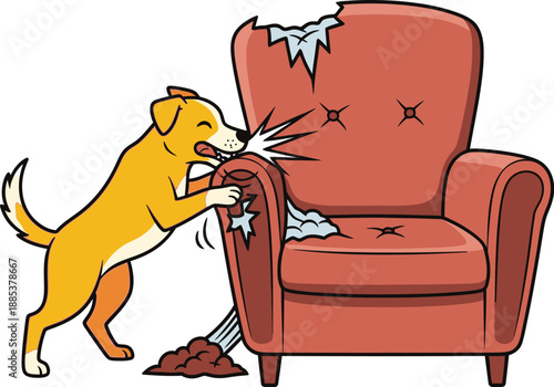 Mischievous dog destroying red armchair in living room, cartoon illustration from side view