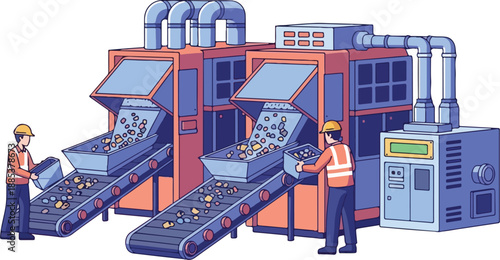 Workers operating industrial machinery with conveyor belts in a manufacturing facility from a front viewpoint