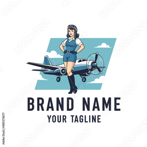 Pinup Girl Standing Near Vintage Airplane.