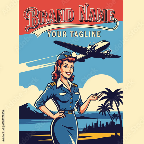 Vintage Pinup Girl in Flight Attendant Uniform.