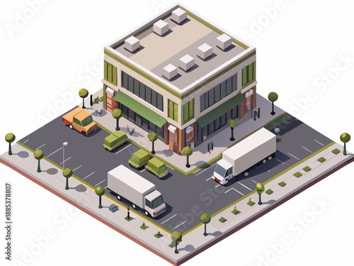 Isometric illustration of a modern city block with buildings and vehicles