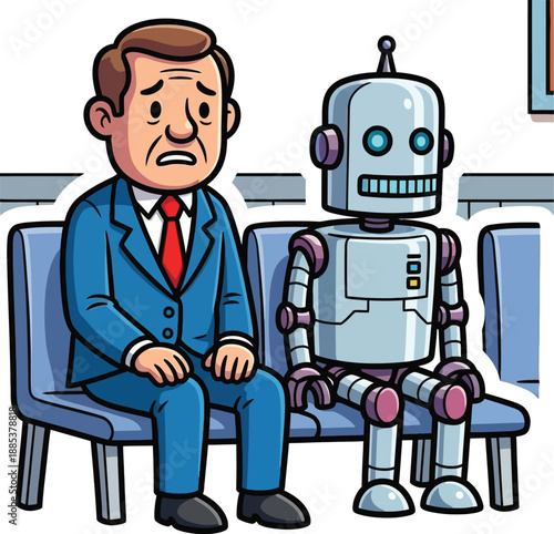 Man in suit sits beside robot on bench in waiting area from a frontal viewpoint