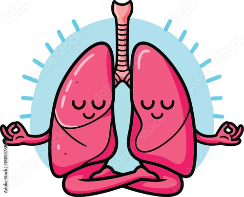 Cartoon lungs meditating in a yoga pose with a serene expression, showcasing a unique blend of anatomy and mindfulness, set against a simple white background.
