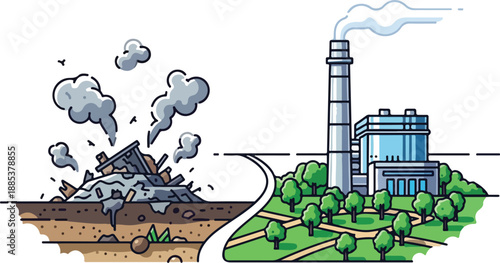 Industrial landscape with pollution and smoke emissions from factory and waste disposal site viewed from a distance