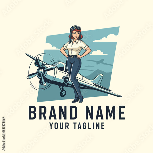 Female Pilot Standing Beside Vintage Airplane.