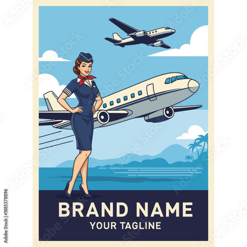 Flight Attendant Standing Beside Airplane Illustration.