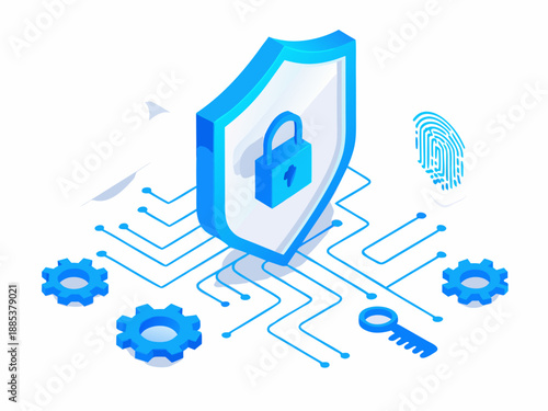 Isometric illustration of a security shield with lock fingerprint and technology elements
