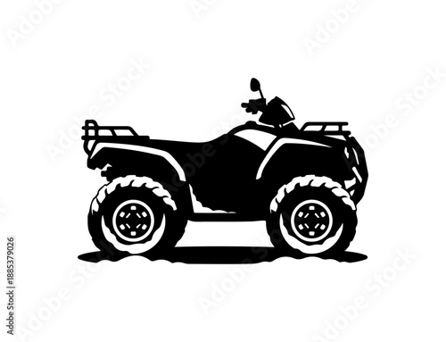 Black ATV silhouette, four-wheeler vehicle icon, off-road quad bike, side view