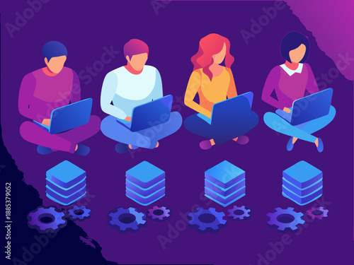 People using laptops with data stacks and gears below digital illustration