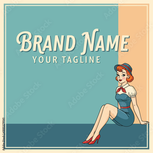 Pinup Girl Sitting on Floor Illustration.