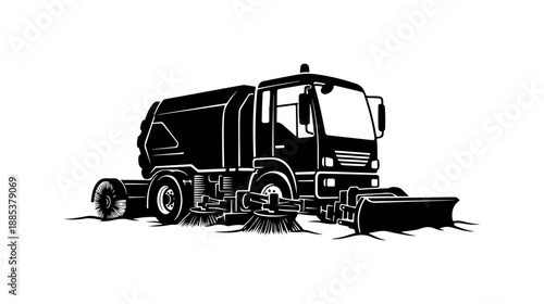 Street Sweeper Truck, Vector Road Sweeper, Black and White Illustration, Urban Cleaning Vehicle