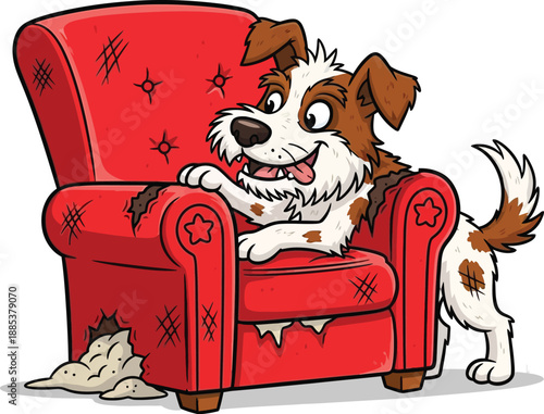 Playful dog sitting on a red armchair with torn cushions and messy fur, viewed from the side