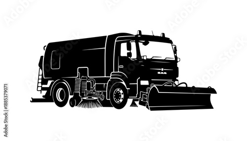 Street Sweeper Truck, Vector Road Cleaner, Urban Maintenance Vehicle, Black and White Illustration