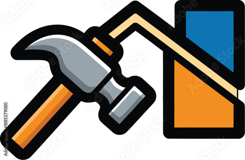 Hammer and house icon illustration depicting construction and building tools in a simple graphic design