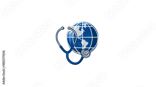 A blue stethoscope encircles a blue and white globe, emphasizing global healthcare and health