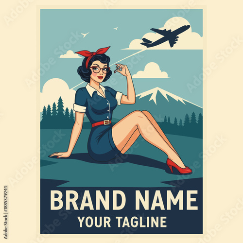 Vintage Pinup Girl Sitting on Ground Relaxing.