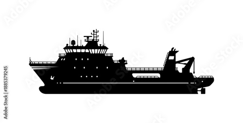 Black silhouette ship, cargo vessel, industrial boat, maritime icon