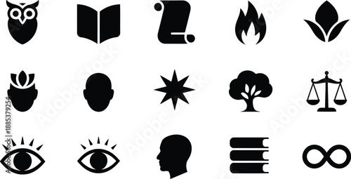 A coherent set of symbolic icons depicting an owl, books, an eye, a tree, and justice scales