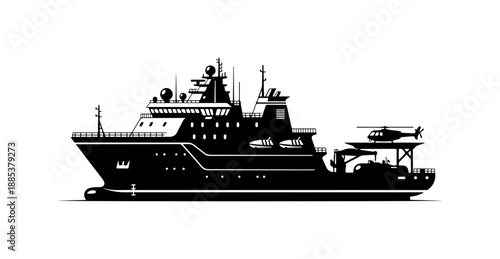 Luxury yacht, naval vessel, ship silhouette, black boat, vector illustration