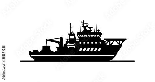 Fishing boat, cargo ship, vessel silhouette, black icon, nautical graphic