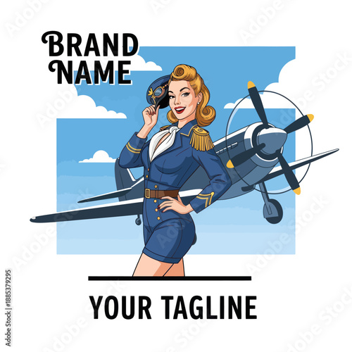 Female Pilot Standing with Airplane Illustration.