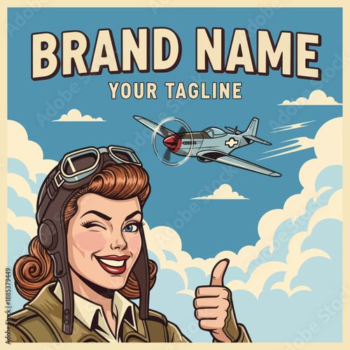 Female Pilot Portrait with Plane Flying.