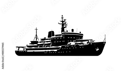 Black cruise ship, ocean liner, vessel silhouette, nautical icon, vector graphic