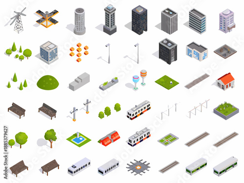 Isometric city elements buildings parks transport and various infrastructure icons