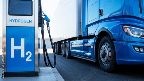 A blue hydrogen fuel station with a truck refueling, showcasing clean energy technology in transportation.