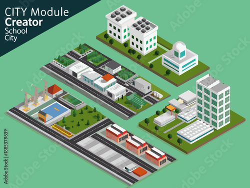 Isometric city module creator showcasing buildings roads and green spaces