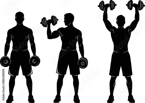 Fitness workout silhouettes showing muscular men lifting dumbbells, strength training exercises illustration isolated on white background, gym bodybuilding and healthy lifestyle concept design
