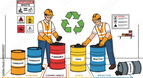 Workers in safety gear sorting waste into labeled barrels for recycling in an industrial setting